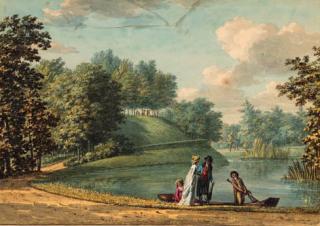 Hermanus Numan - Elegant company entering a rowing boat on the \'Groote Kom\' in the gardens of Castle Groeneveld, near Baarn