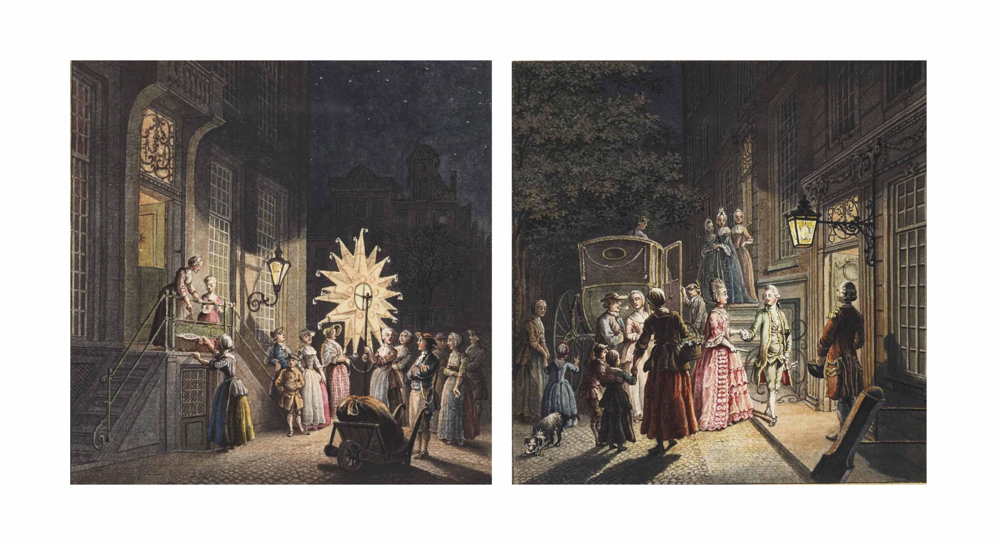 Hermanus Petrus Schouten - Revellers Visiting A House With A Twelfth Night Lantern; And Elegant Figures Arriving At A Ball