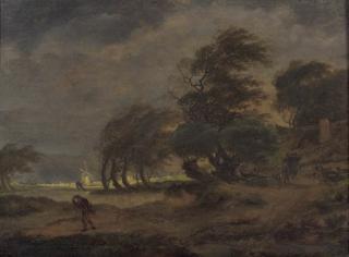 Hermanus Van Brussel - Peasants in a horse-drawn wagon on a country road with a traveller nearby, a windmill beyond, in a stormy landscape