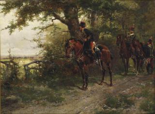 Hermanus Willem Koekkoek - 11th (Prince Albert\'s Own) Hussars scouting on a forest path