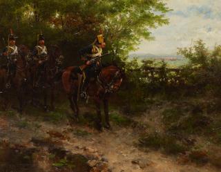 Hermanus Willem Koekkoek - Hussars scouting on a forest path