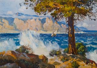 Hernando Gonzallo Villa - California Coast with Crashing Waves 10 x 14 in. framed 21 x 25 in.