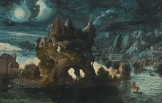 Herri Met De Bles - A Fantastical Moonlit Landscape With St. Christopher Carrying The Christ Child Across A River