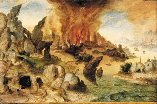 Herri Met De Bles - A Mountainous Landscape With Lot And His Daughters, The Destruction Of Sodom And Gomorrah Beyond