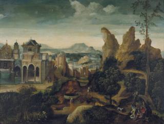 Herri Met De Bles - A Mountainous Landscape With The Feast Of Herod And The Dream Of Joseph
