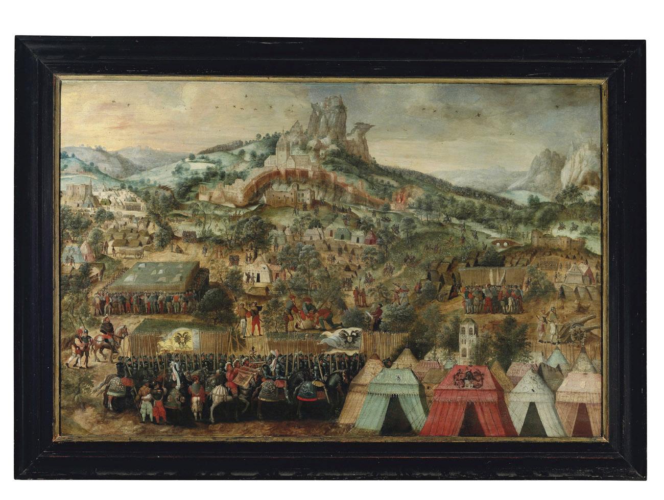 Herri met de Bles - A siege at Thérouanne, with an army led by Charles V encamped below the city