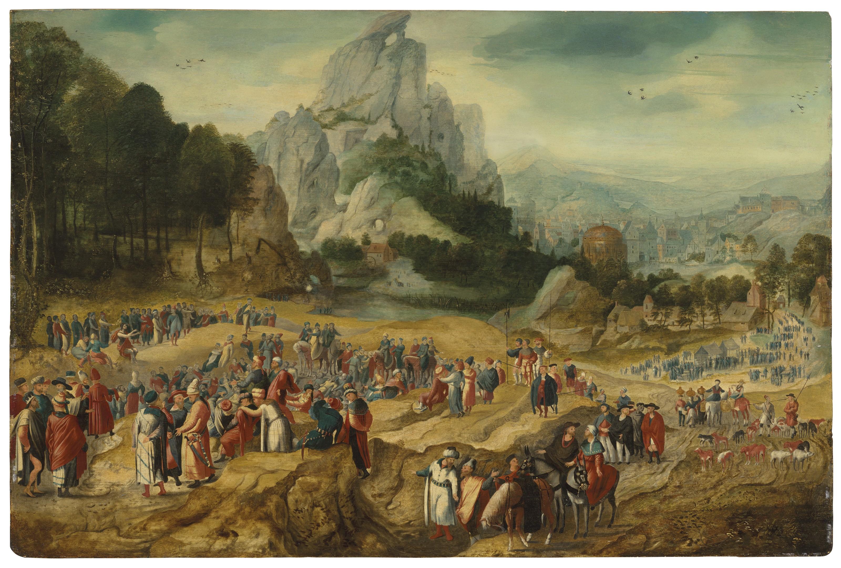 Herri Met De Bles - An extensive landscape with the Preaching of Saint John the Baptist and the Baptism of Christ