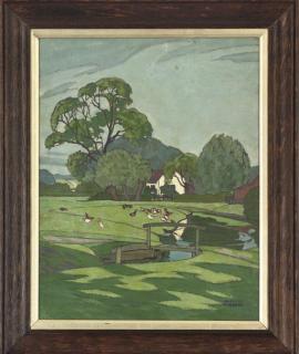 Hesketh Hubbard - Ducks and chickens beside the stream
