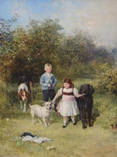 Heywood Hardy, A.R.W.S., R.P.E. - A boy and girl with their pets in a garden