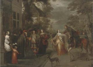 Hieronymous Janssens - Elegant Company On A Terrace, A Palace Beyond