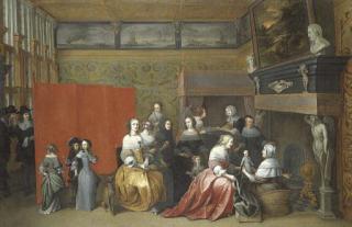 Hieronymous Janssens - Ladies celebrating the birth of a child, with gentlemen looking on from behind a screen, in an interior