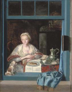 Hieronymous van der Mijn - A lady sitting at a table with a dog at an open window