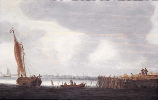 Hieronymous Van Diest - A smalschip setting out from a harbour at dawn with fishermen in a rowing boat