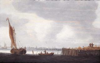 Hieronymous Van Diest - A smalschip setting out from a harbour at dawn with fishermen in a rowing boat