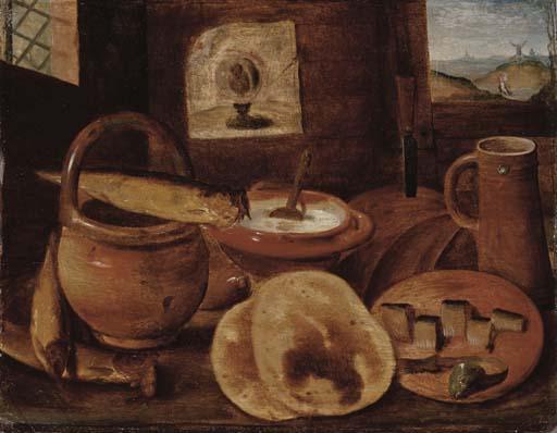 Hieronymus Francken II - A poor man\'s meal: a loaf of bread, porridge, buns and a herring on a wooden table