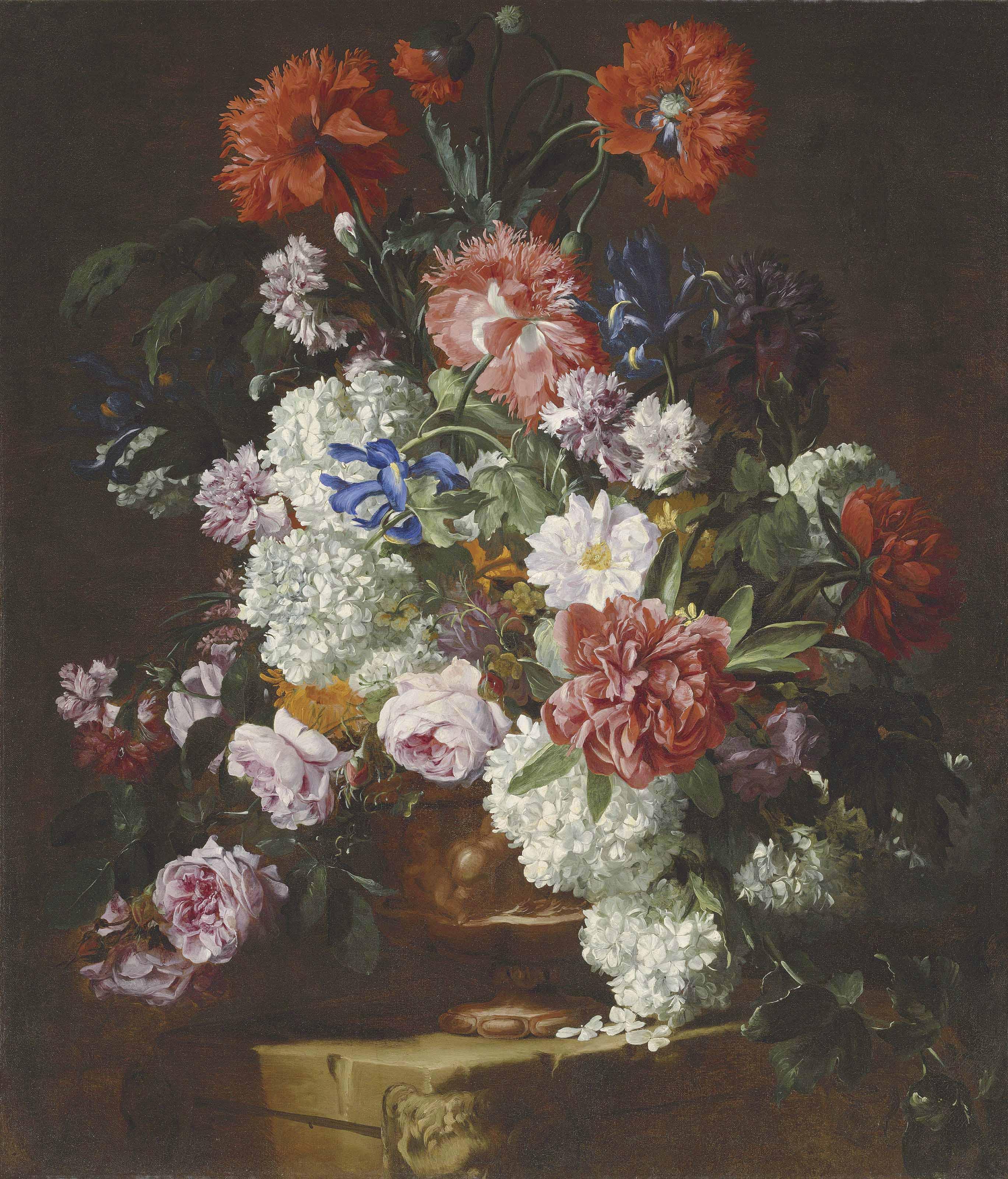 Hieronymus Galle I - Roses, Peonies, Poppies, Carnations, Guelder Roses And Other Flowers In A Sculpted Terracotta Vase On A Stone Ledge