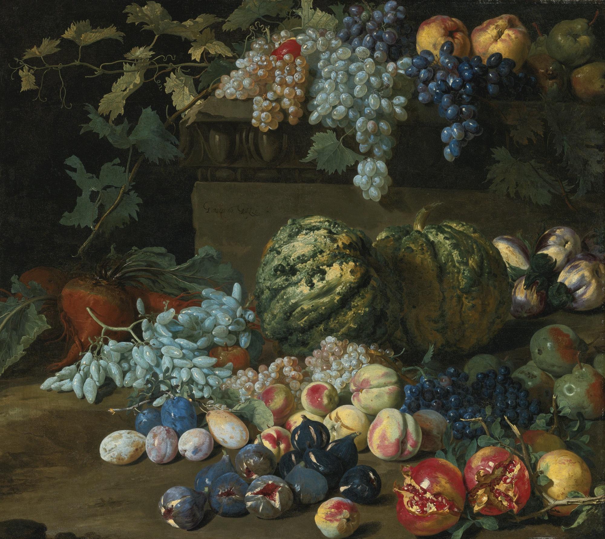 Hieronymus Galle The Elder - Pumpkins, Grapes, Peaches, Plums, Pomegranates, Pears, Figs, Apples, And Turnips By And On A Plinth