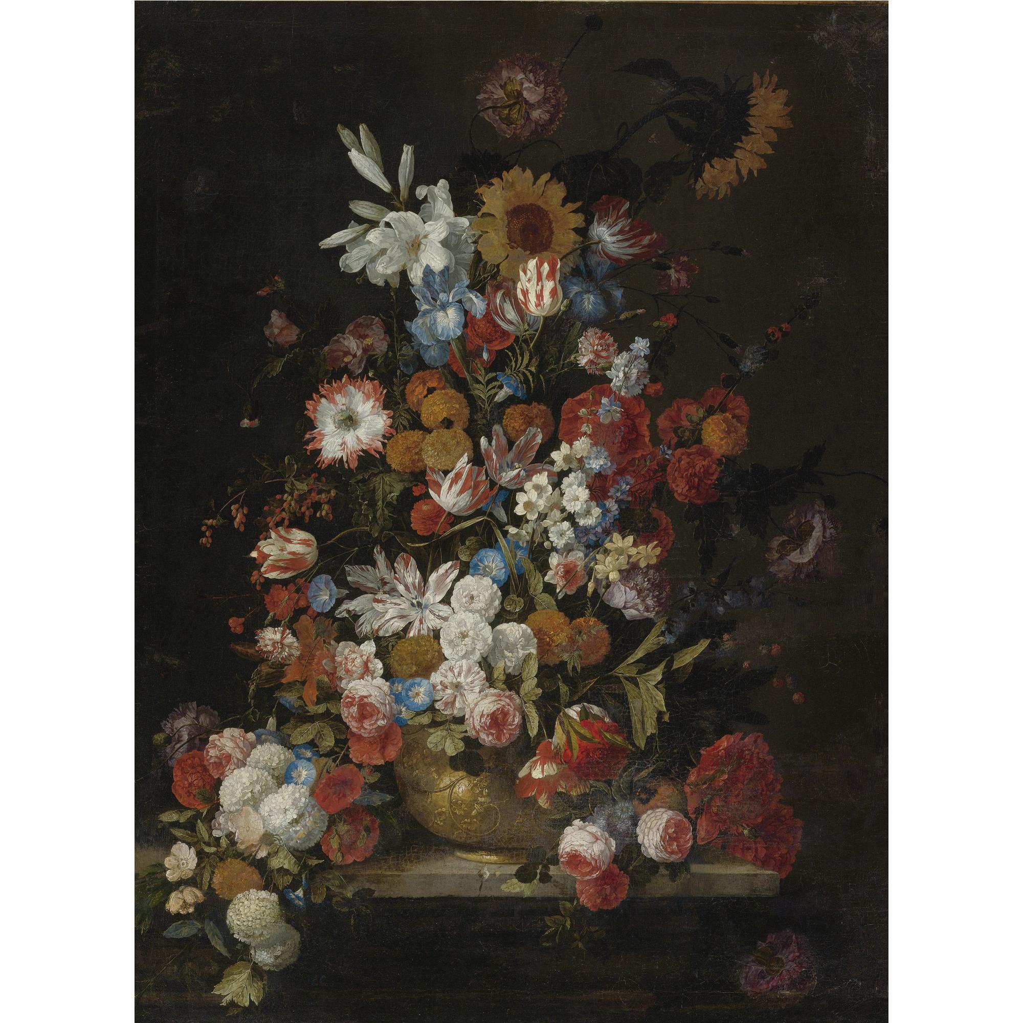 Hieronymus Galle The Elder - Still Life Of Roses, Tulips, Morning Glories, Irises, Carnations, Lilies, Snowballs, A Sunflower And Other Flowers, In A Sculpted Vase Resting On A Ledge