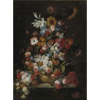 Hieronymus Galle The Elder - Still Life Of Roses, Tulips, Morning Glories, Irises, Carnations, Lilies, Snowballs, A Sunflower And Other Flowers, In A Sculpted Vase Resting On A Ledge