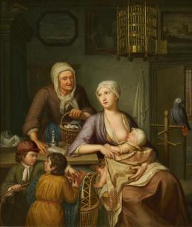 Hieronymus van der Mij - Interieur mit einer stillenden jungen Mutter und ihren Kindern. Mit einer Maid und einem Papagei.