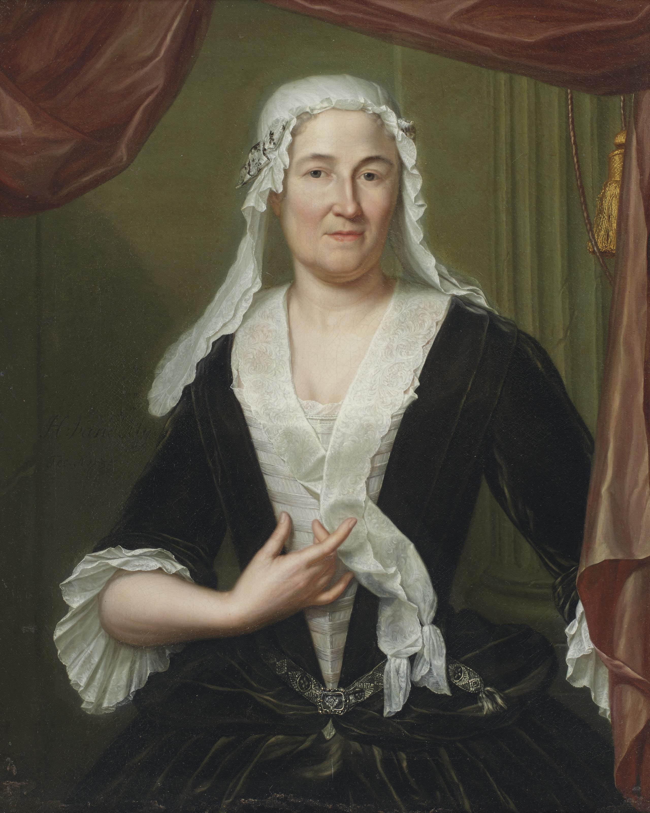 Hieronymus van Der Mij - Portrait of a lady, half-length, in a dark green velvet dress and white chemise, wearing a white headdress