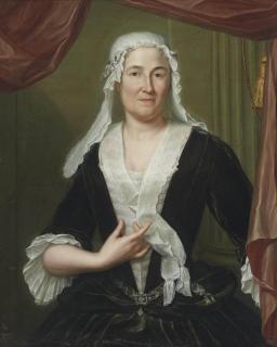 Hieronymus van Der Mij - Portrait of a lady, half-length, in a dark green velvet dress and white chemise, wearing a white headdress