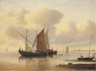 Hieronymus Van Diest - A waterschip and two smalschips off a sandbank in a calm, other shipping off the coast beyond