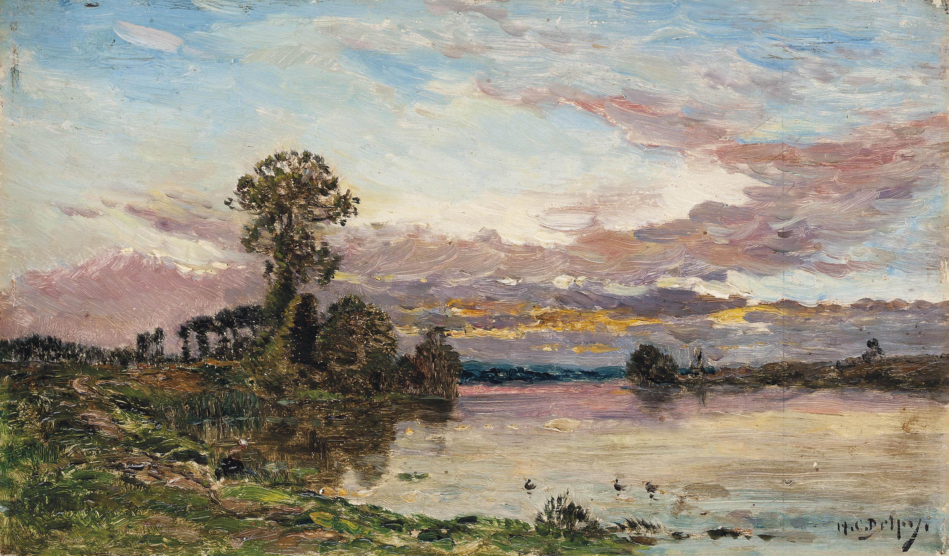Hippolyte Camille Delpy - A Washerwoman On The Banks Of A River At Dusk
