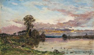 Hippolyte Camille Delpy - A Washerwoman On The Banks Of A River At Dusk