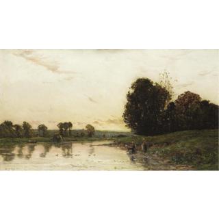 Hippolyte-Camille Delpy - River Scene At Sunset With Washer Women