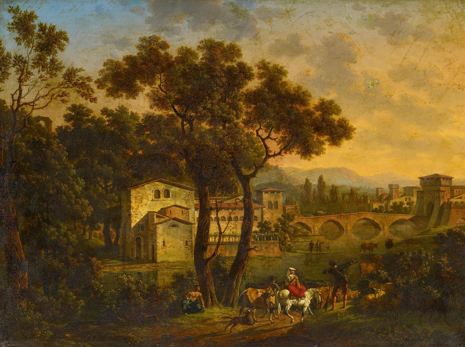 Hippolyte Lecomte - Ideale Landschaft mit Reisenden vor den Toren einer norditalienischen Stadt