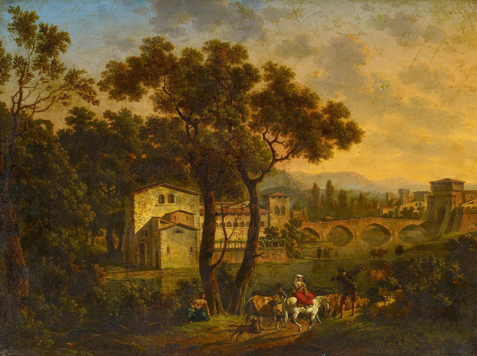 Hippolyte Lecomte - Ideale Landschaft mit Reisenden vor den Toren einer norditalienischen Stadt