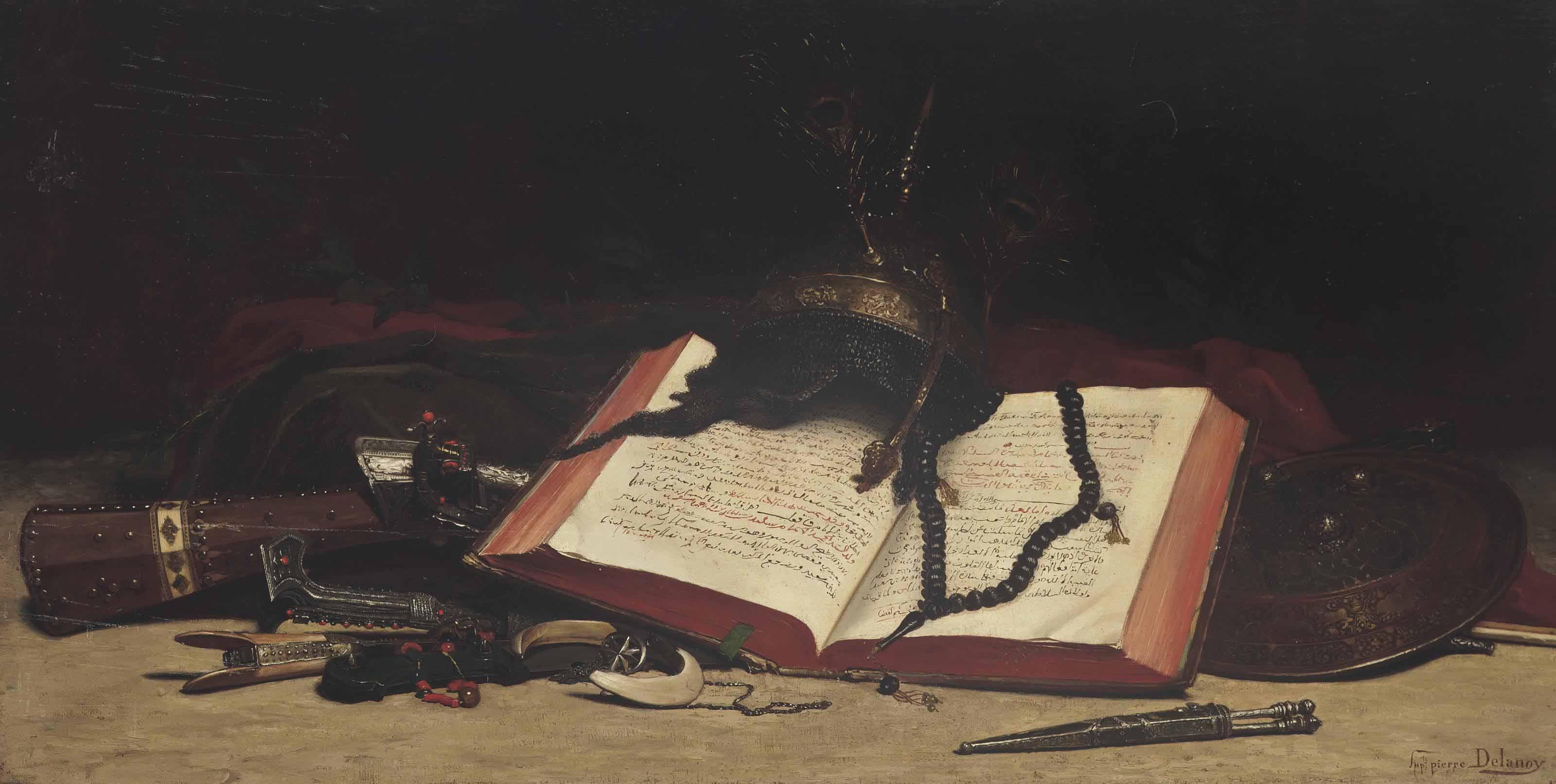Hippolyte Pierre Delanoy - An Open Book With Ottoman Artefacts