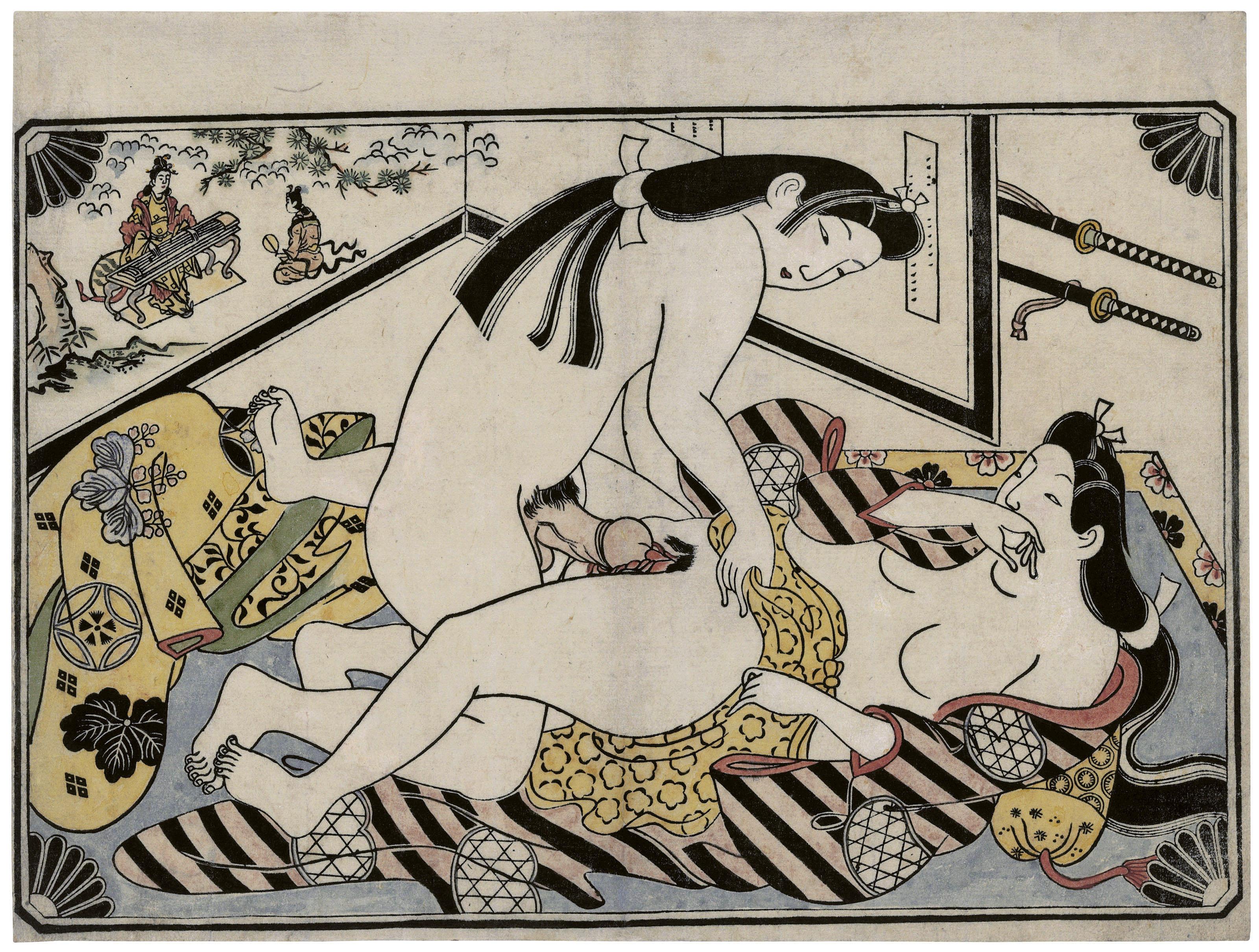 Hishikawa Moronobu - Lovers in an Interior beside a Folding Screen