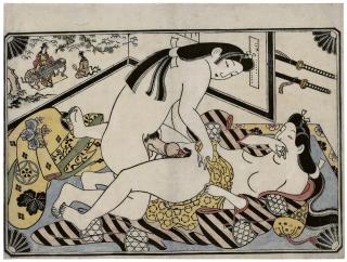 Hishikawa Moronobu - Lovers in an Interior beside a Folding Screen