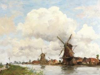 Hobbe Smith - Aan de rivier: windmills along a river on a summer day
