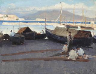 Holger Hvitfeldt Jerichau - On the shore, Vesuvius beyond