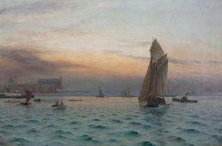 Holger Peter Svane Lübbers - Harbor View, Probably Copenhagen 32 x 46in (81.3 x 117cm)