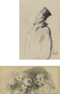 Honoré Daumier - Avocat De Profil (I) & Étude De Têtes (Ii): A Pair Of Drawings