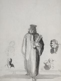 Honoré Daumier - Le Juge (avec quelques croquis de têtes des deux côtés) (recto); Deux personnages dans un paysage (verso)