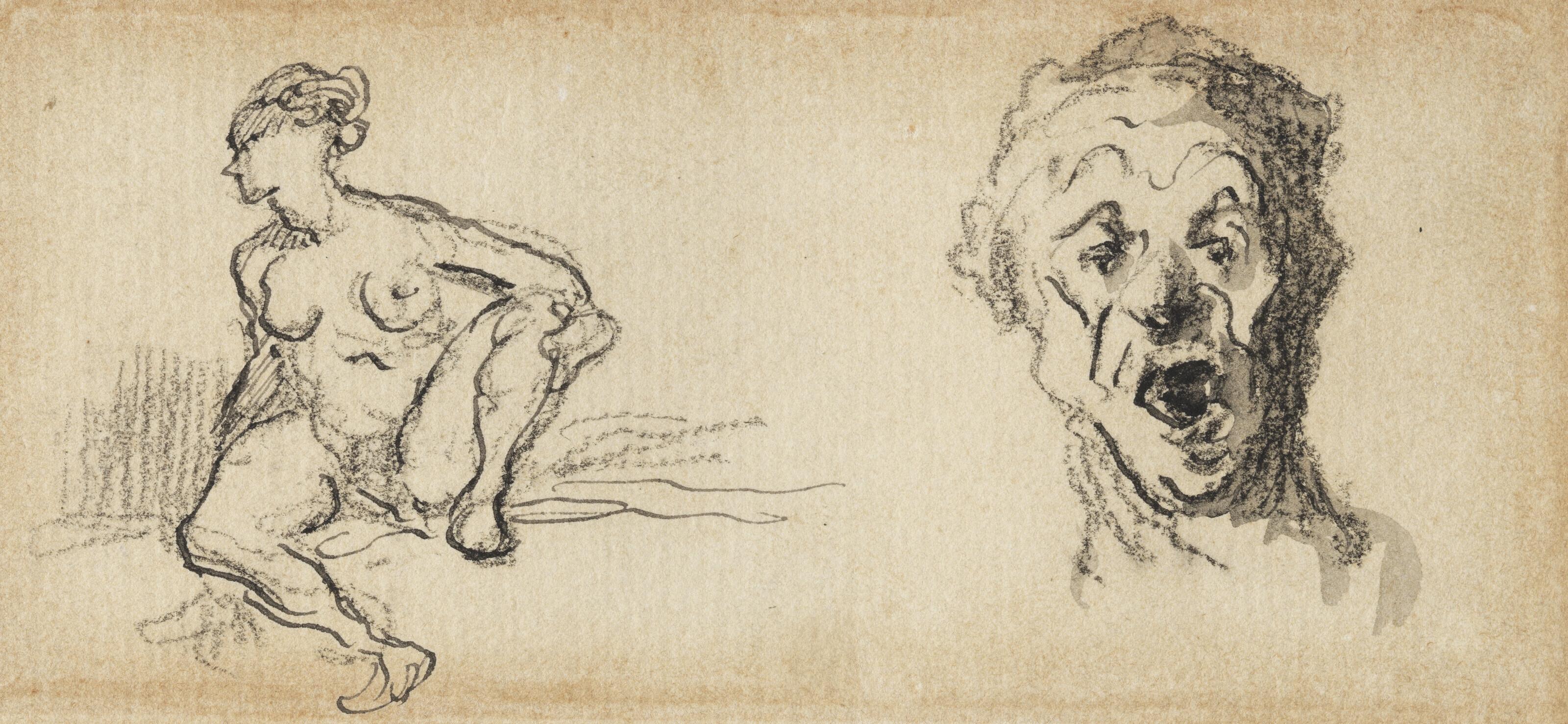 Honoré Daumier - Study female nude, seated, one leg raised, and a head study of a man, his mouth open (recto); Head study of a man, seen from above (verso)