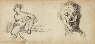 Honoré Daumier - Study female nude, seated, one leg raised, and a head study of a man, his mouth open (recto); Head study of a man, seen from above (verso)