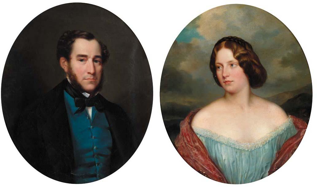 Horace De Manara - Portrait of a gentleman, bust-length, in a blue waistcoat and a black tie; and a Portrait of a lady, bust-length, in a blue dress
