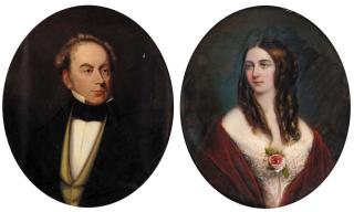 Horace De Manara - Portrait of a gentleman, bust-length, in a cream waistcoat and black jacket; and a Portrait of a lady. bust-length, in a pink lace dress and a red shawl