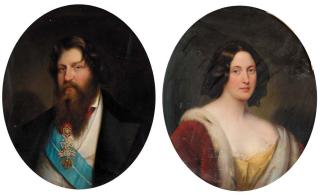 Horace De Manara - Portrait of a gentleman, bust-length, wearing a jewelled collar badge of the Order of the Golden Fleece and a pale blue Marine Order sash; and a Portrait of a lady, bust-length, in a yellow dress and ermine trimmed cloak