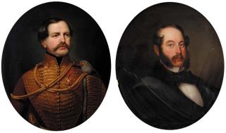 Horace De Manara - Portrait of a Hussar, bust-length, wearing a scarlet tunic with gold bullion fringing and a badge of the Russian Order of St. Anne; and a Portrait of a gentleman, bust-length, in a white shirt