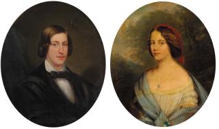 Horace De Manara - Portrait of a young gentleman, bust-length, in a brown waistcoat and black gown; and a Portrait of a lady. bust-length, in a white dress and blue shawl