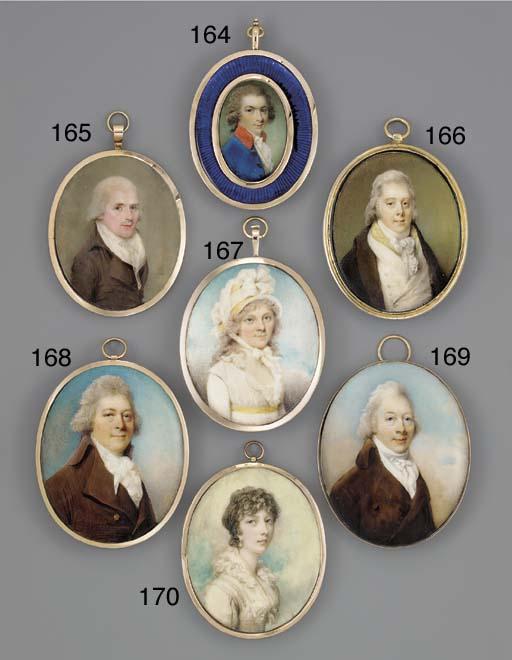 Horace Hone, A.R.A. - A gentleman, in brown coat, white waistcoat, pale yellow checked scarf, frilled and tied cravat, powdered hair