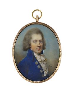 Horace Hone, A.R.A. - A young gentleman called R. Harmsworth, in blue coat with large silver buttons, buff-coloured waistcoat and knotted white cravat with pleated jabot, grey-powdered wig; sky background