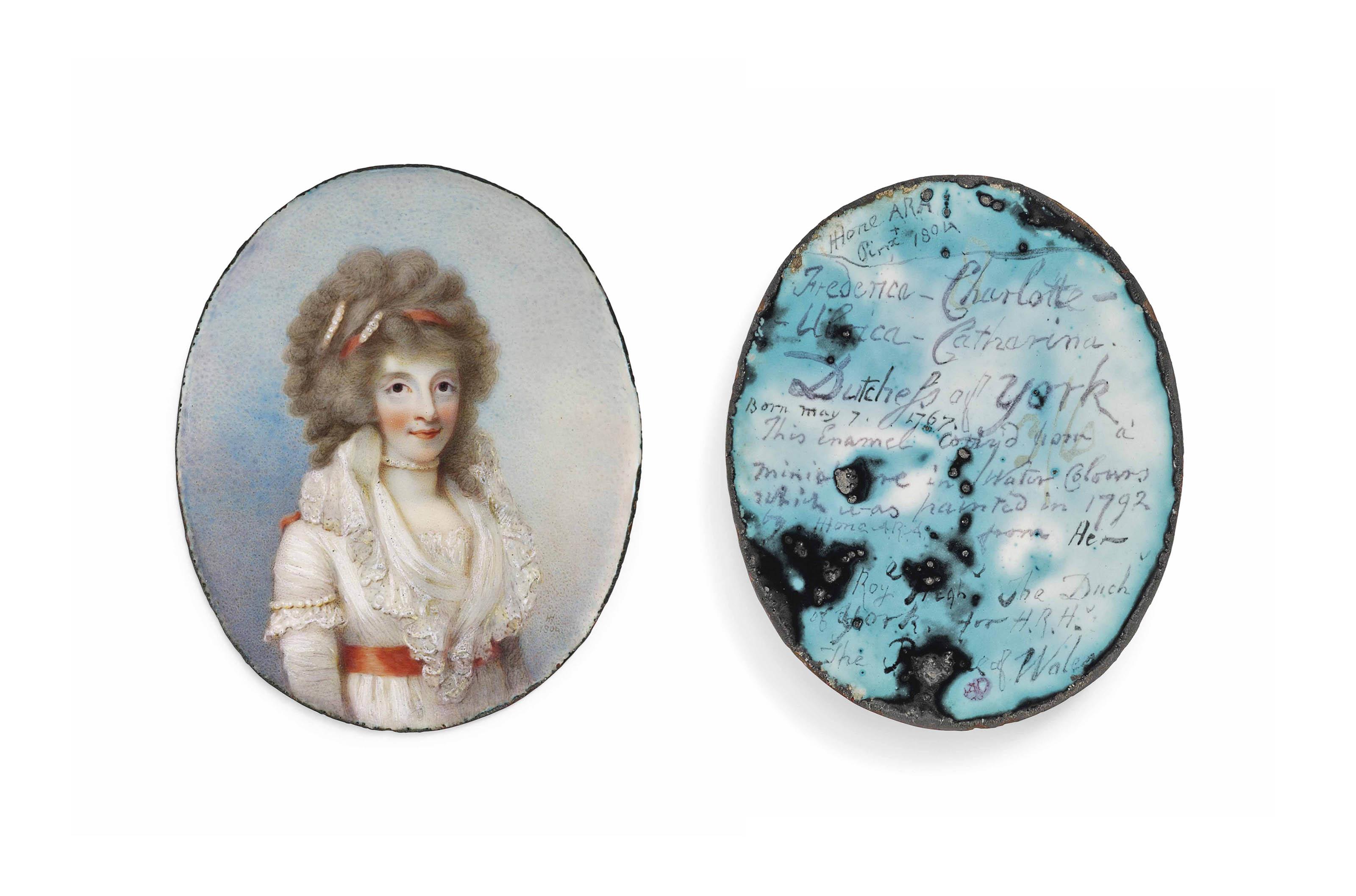 Horace Hone, A.R.A. - Frederica, Duchess of York (1767-1820), in white lace-bordered dress, peach sash tied around waist, pearls on her sleeve, around her neck and adorning her powdered, upswept hair also decorated with peach ribbon